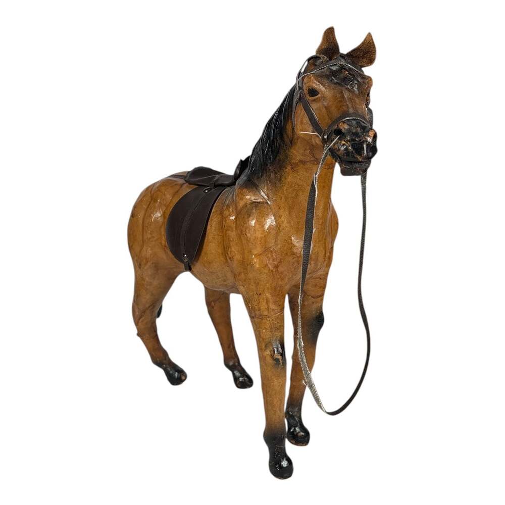 Vintage 12" Horse Leather Wrapped Art Statue Equestrian Figurine w/Saddle Equine